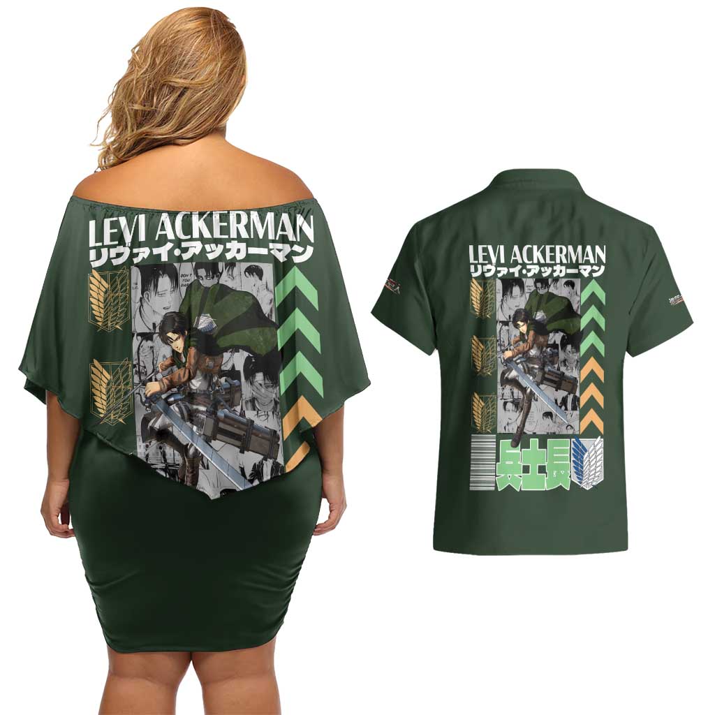 Levi Ackerman V2 Attack on Titan Couples Matching Off Shoulder Short Dress and Hawaiian Shirt Anime Style