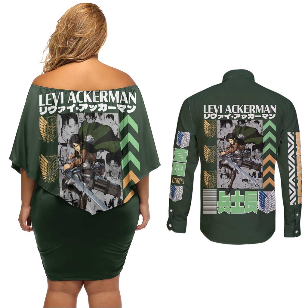 Levi Ackerman V2 Attack on Titan Couples Matching Off Shoulder Short Dress and Long Sleeve Button Shirt Anime Style