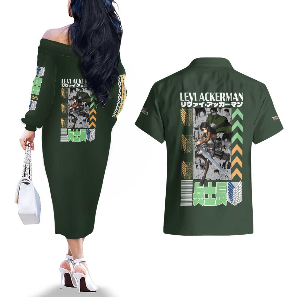 Levi Ackerman V2 Attack on Titan Couples Matching Off The Shoulder Long Sleeve Dress and Hawaiian Shirt Anime Style