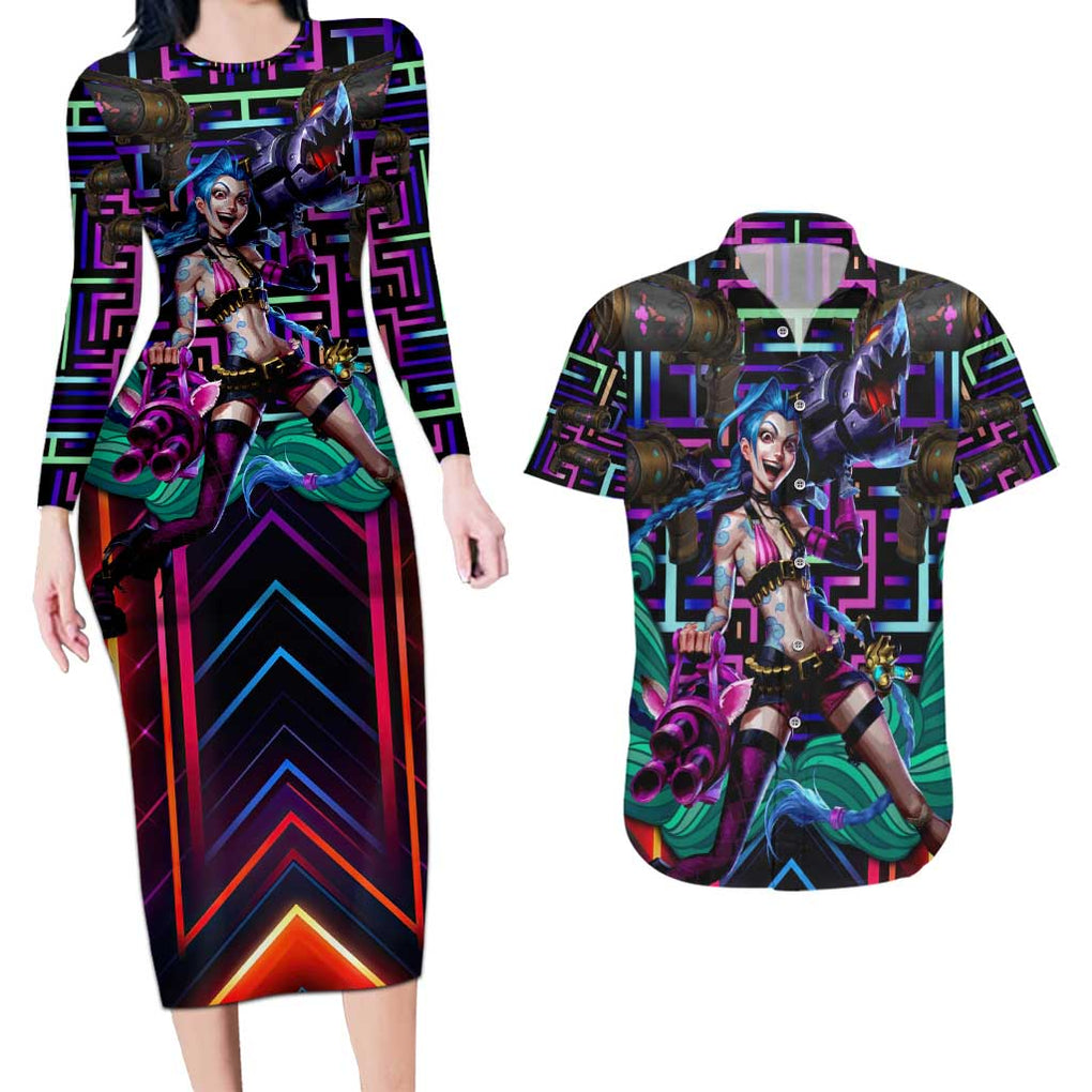 Trippy Jinx Arcane League of Legends Couples Matching Long Sleeve Bodycon Dress and Hawaiian Shirt Game Art Mix Trippy Style