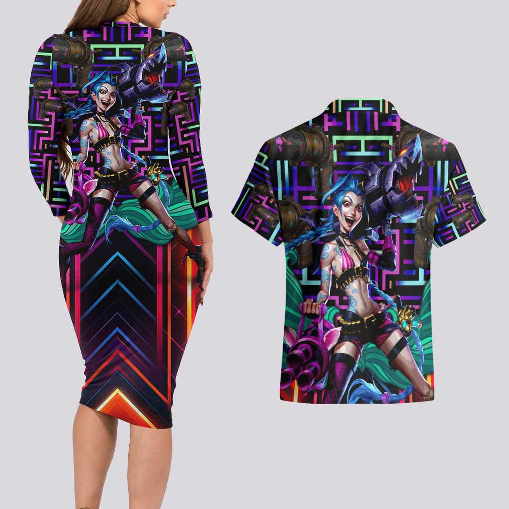 Trippy Jinx Arcane League of Legends Couples Matching Long Sleeve Bodycon Dress and Hawaiian Shirt Game Art Mix Trippy Style