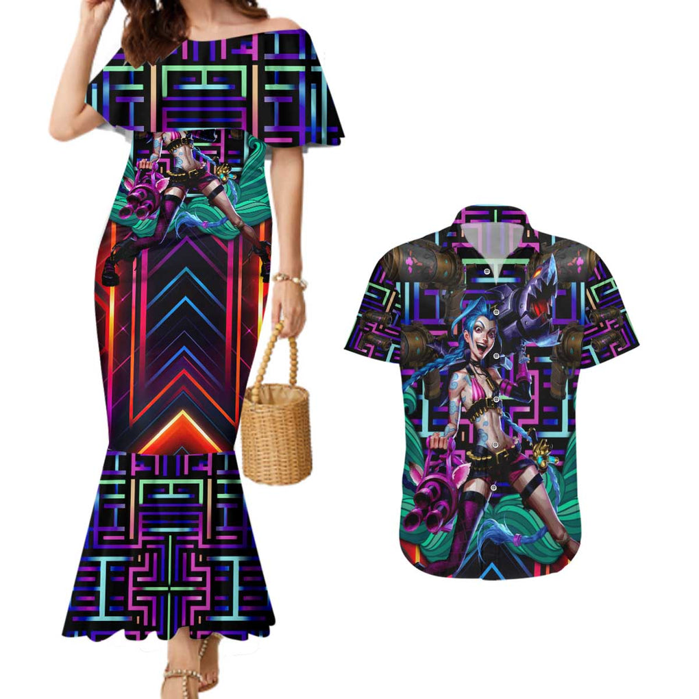 Trippy Jinx Arcane League of Legends Couples Matching Mermaid Dress and Hawaiian Shirt Game Art Mix Trippy Style