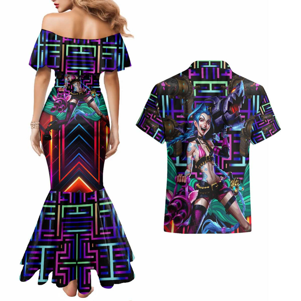 Trippy Jinx Arcane League of Legends Couples Matching Mermaid Dress and Hawaiian Shirt Game Art Mix Trippy Style