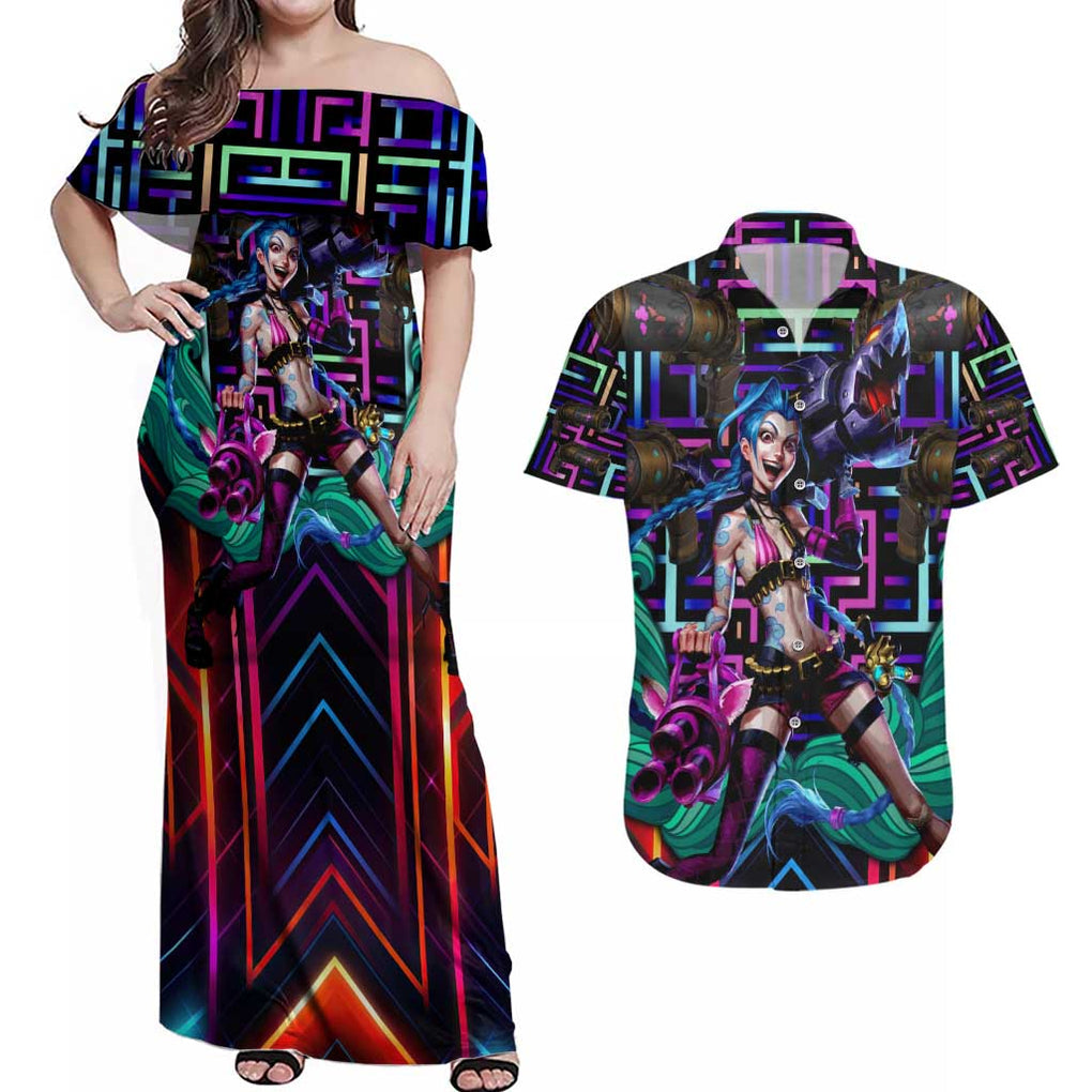 Trippy Jinx Arcane League of Legends Couples Matching Off Shoulder Maxi Dress and Hawaiian Shirt Game Art Mix Trippy Style