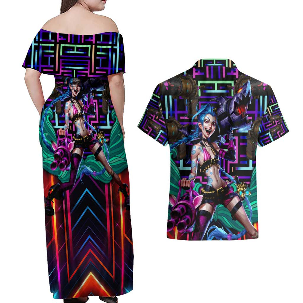 Trippy Jinx Arcane League of Legends Couples Matching Off Shoulder Maxi Dress and Hawaiian Shirt Game Art Mix Trippy Style