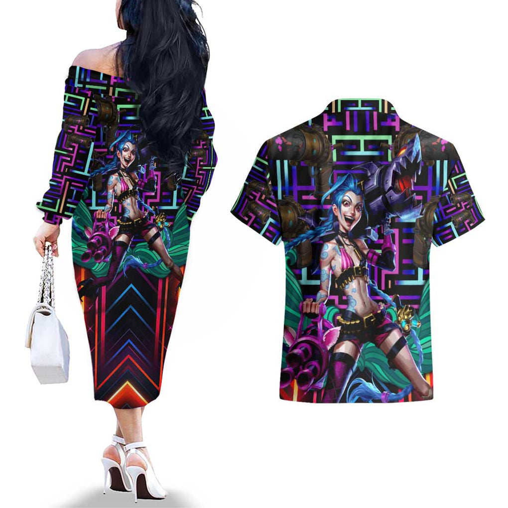 Trippy Jinx Arcane League of Legends Couples Matching Off The Shoulder Long Sleeve Dress and Hawaiian Shirt Game Art Mix Trippy Style
