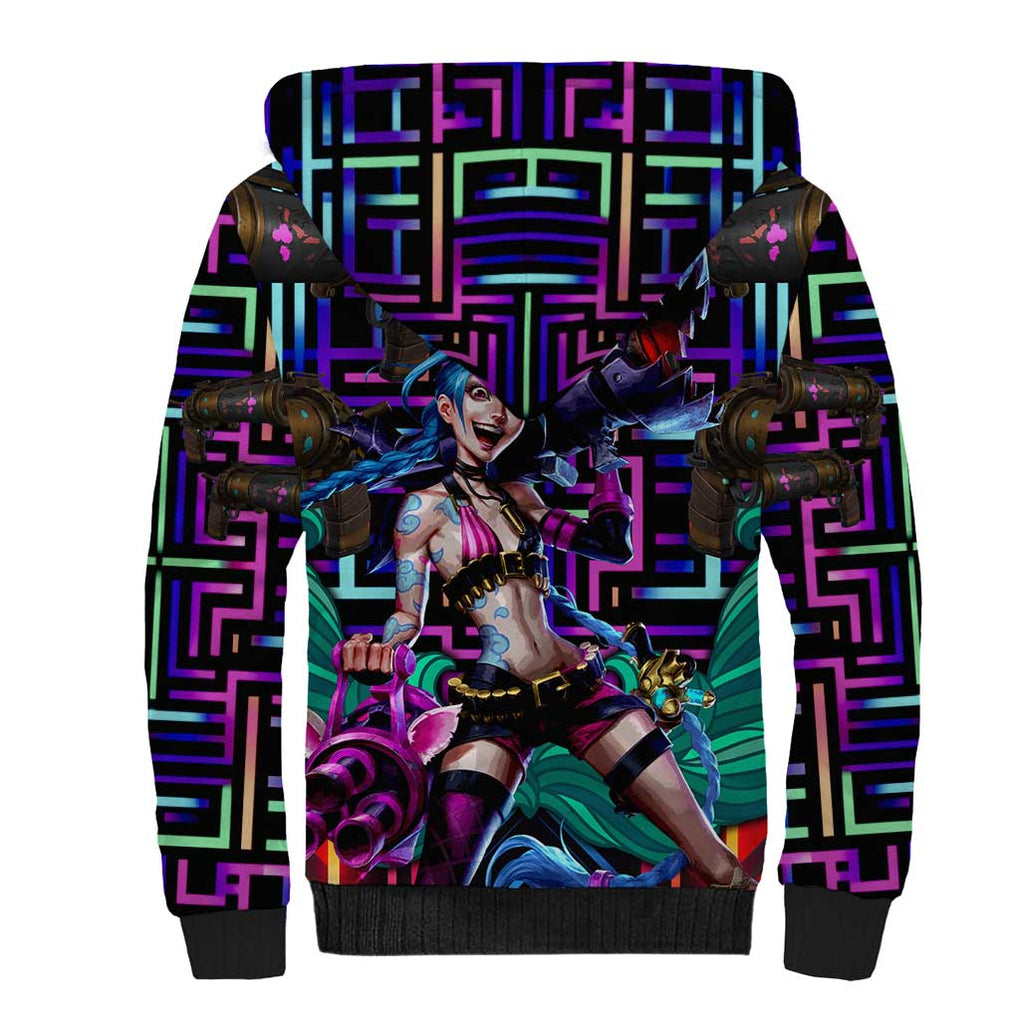 Trippy Jinx Arcane League of Legends Sherpa Hoodie Game Art Mix Trippy Style