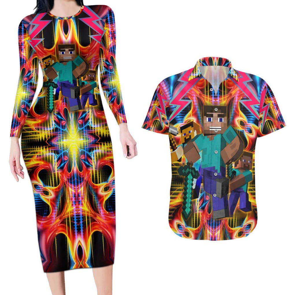 Power Minecraft Couples Matching Long Sleeve Bodycon Dress and Hawaiian Shirt Game Art Mix Trippy Style