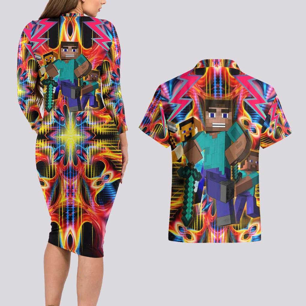 Power Minecraft Couples Matching Long Sleeve Bodycon Dress and Hawaiian Shirt Game Art Mix Trippy Style