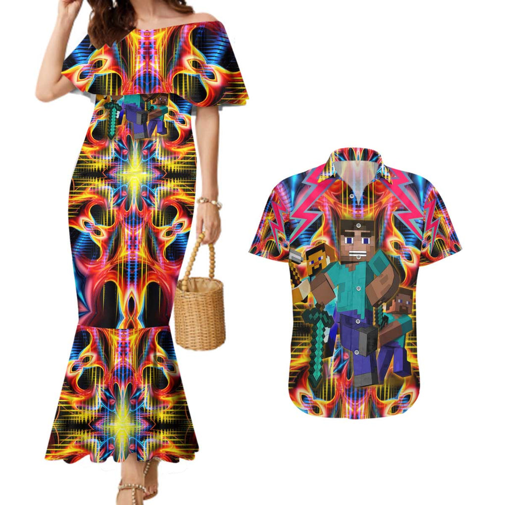 Power Minecraft Couples Matching Mermaid Dress and Hawaiian Shirt Game Art Mix Trippy Style