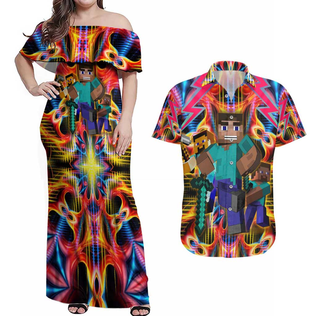 Power Minecraft Couples Matching Off Shoulder Maxi Dress and Hawaiian Shirt Game Art Mix Trippy Style