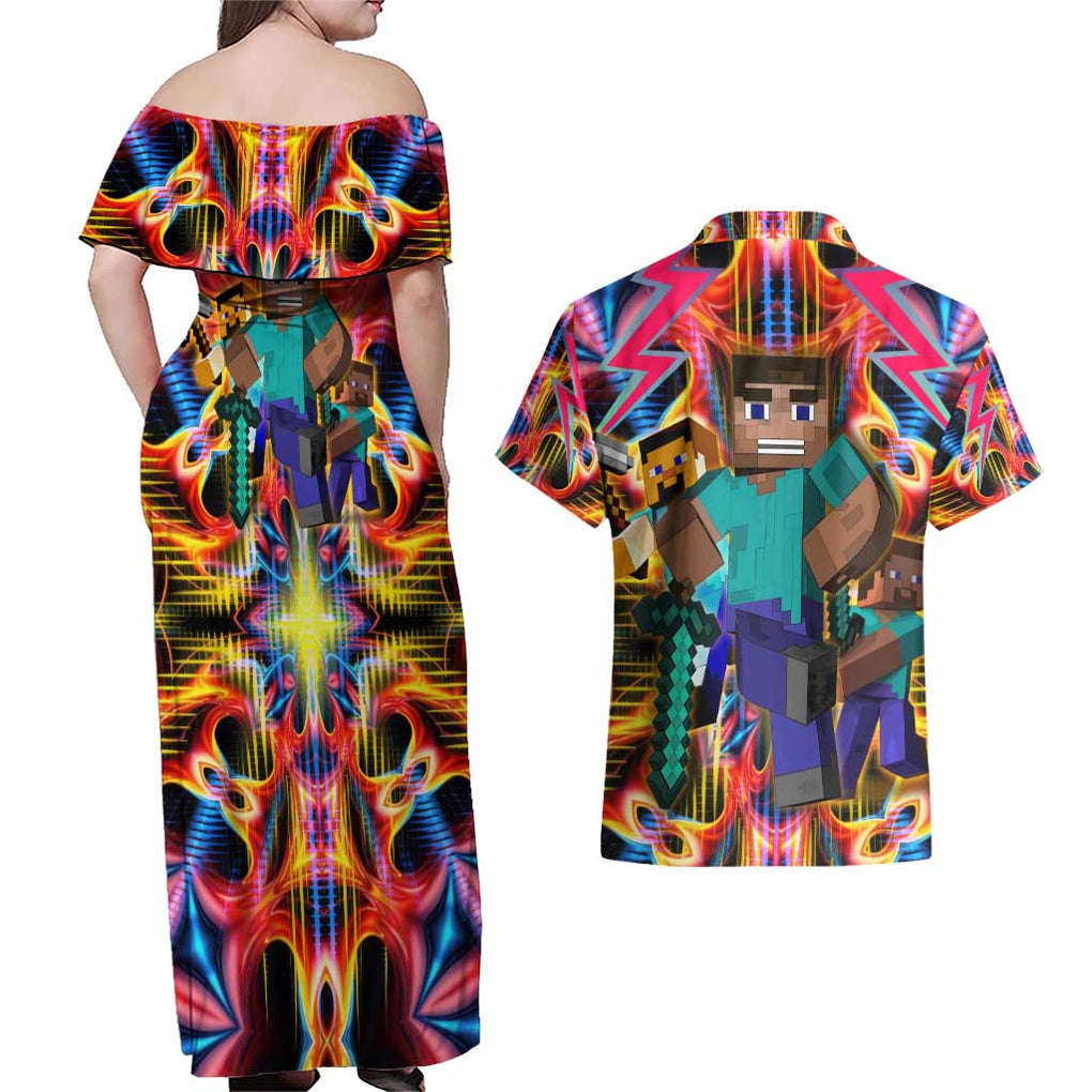 Power Minecraft Couples Matching Off Shoulder Maxi Dress and Hawaiian Shirt Game Art Mix Trippy Style