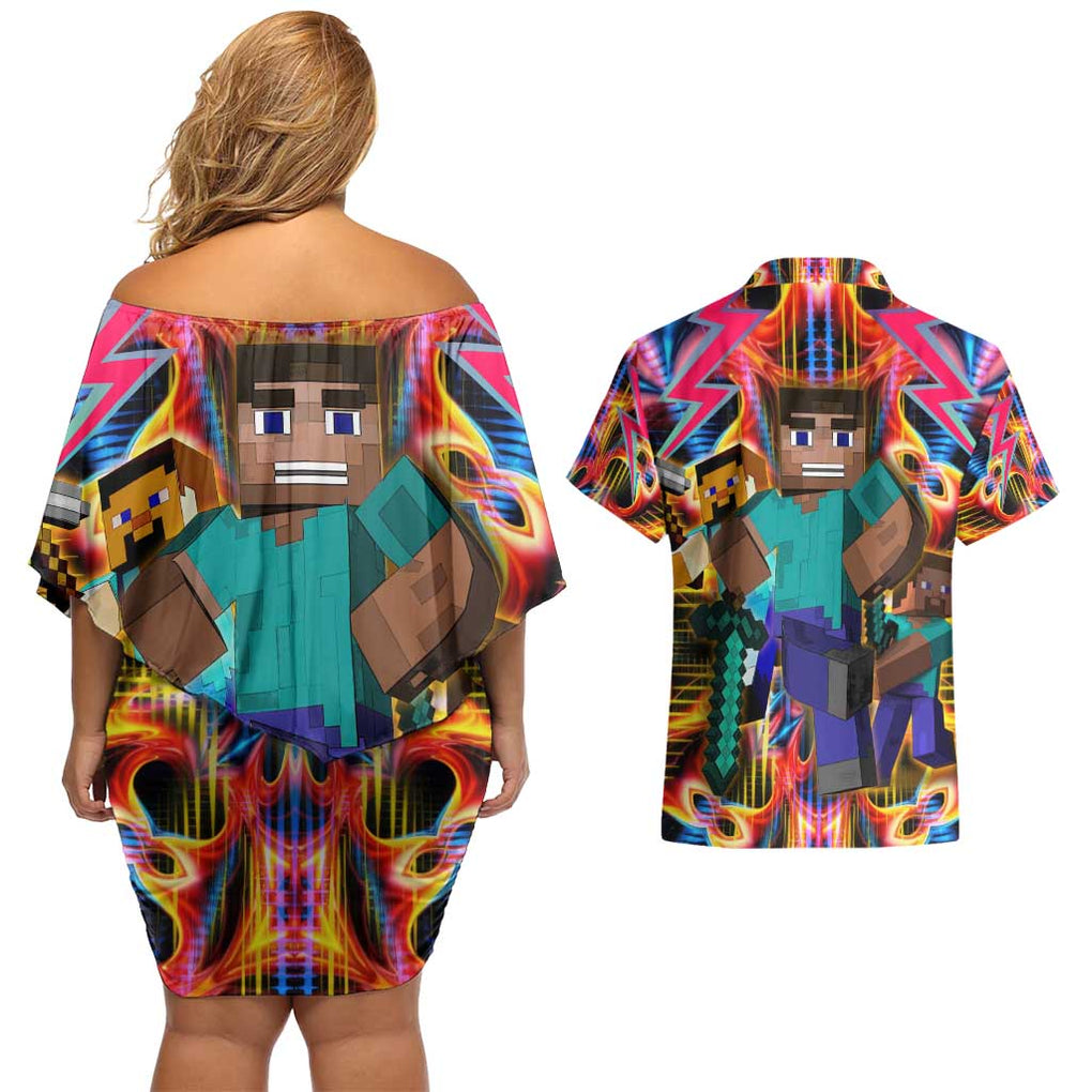 Power Minecraft Couples Matching Off Shoulder Short Dress and Hawaiian Shirt Game Art Mix Trippy Style