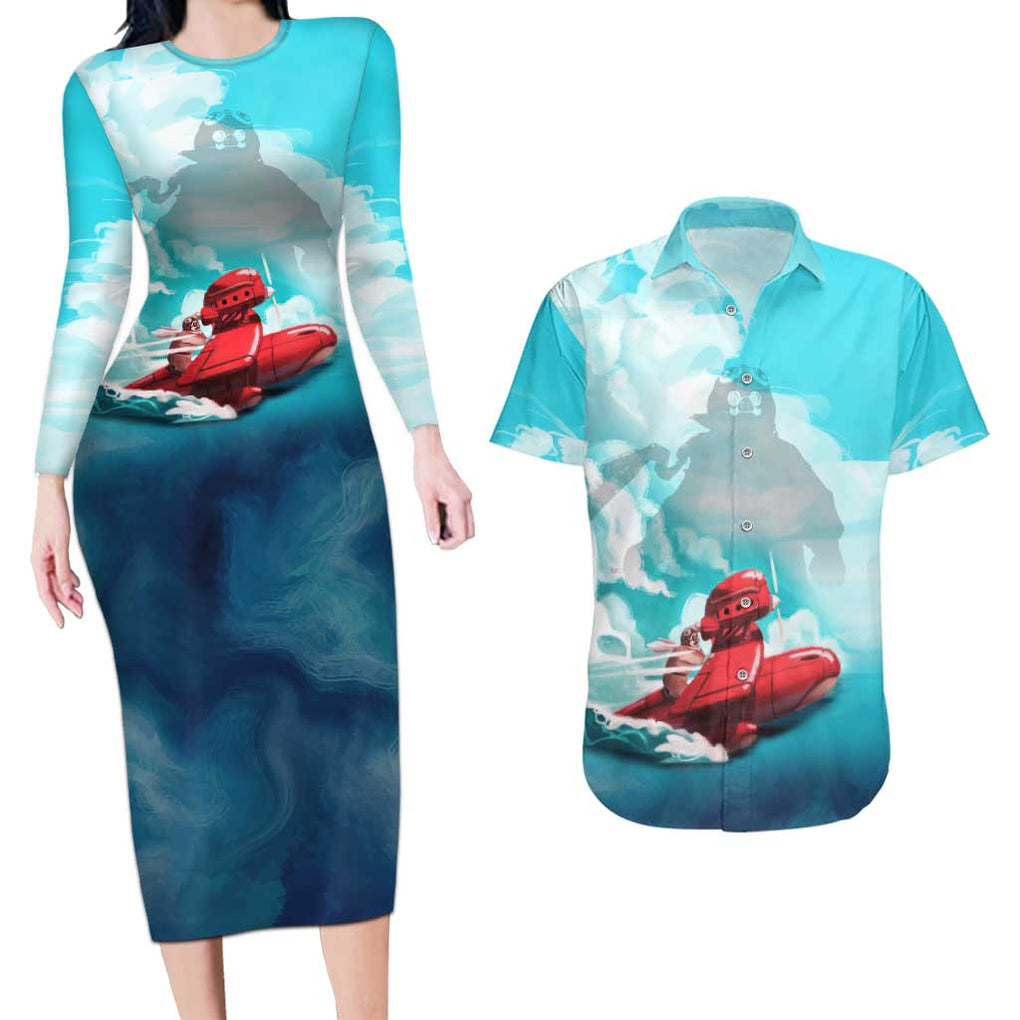 Trippy Porco Rosso Studio Couples Matching Long Sleeve Bodycon Dress and Hawaiian Shirt Anime Style