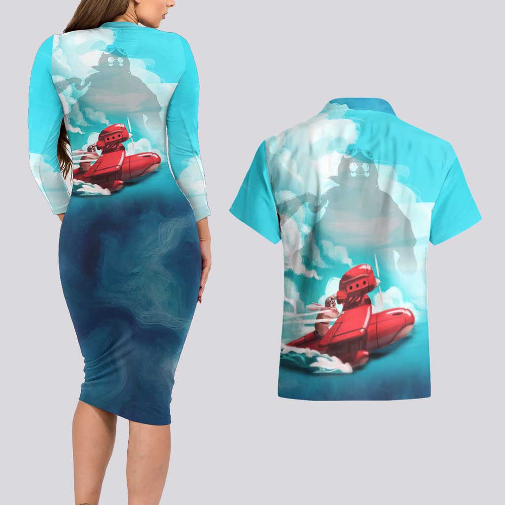 Trippy Porco Rosso Studio Couples Matching Long Sleeve Bodycon Dress and Hawaiian Shirt Anime Style