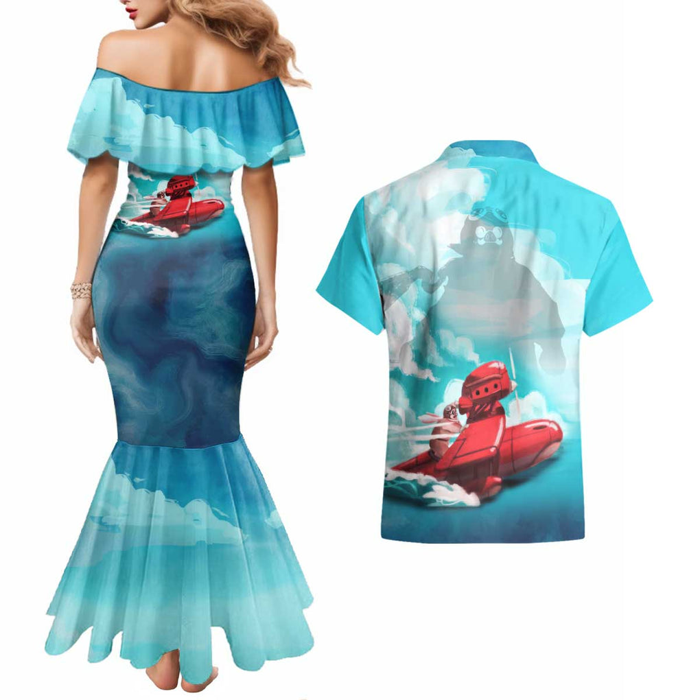 Trippy Porco Rosso Studio Couples Matching Mermaid Dress and Hawaiian Shirt Anime Style