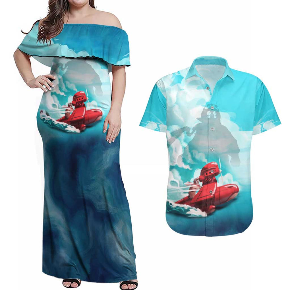 Trippy Porco Rosso Studio Couples Matching Off Shoulder Maxi Dress and Hawaiian Shirt Anime Style
