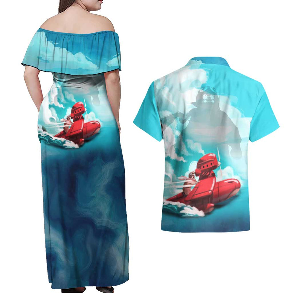 Trippy Porco Rosso Studio Couples Matching Off Shoulder Maxi Dress and Hawaiian Shirt Anime Style