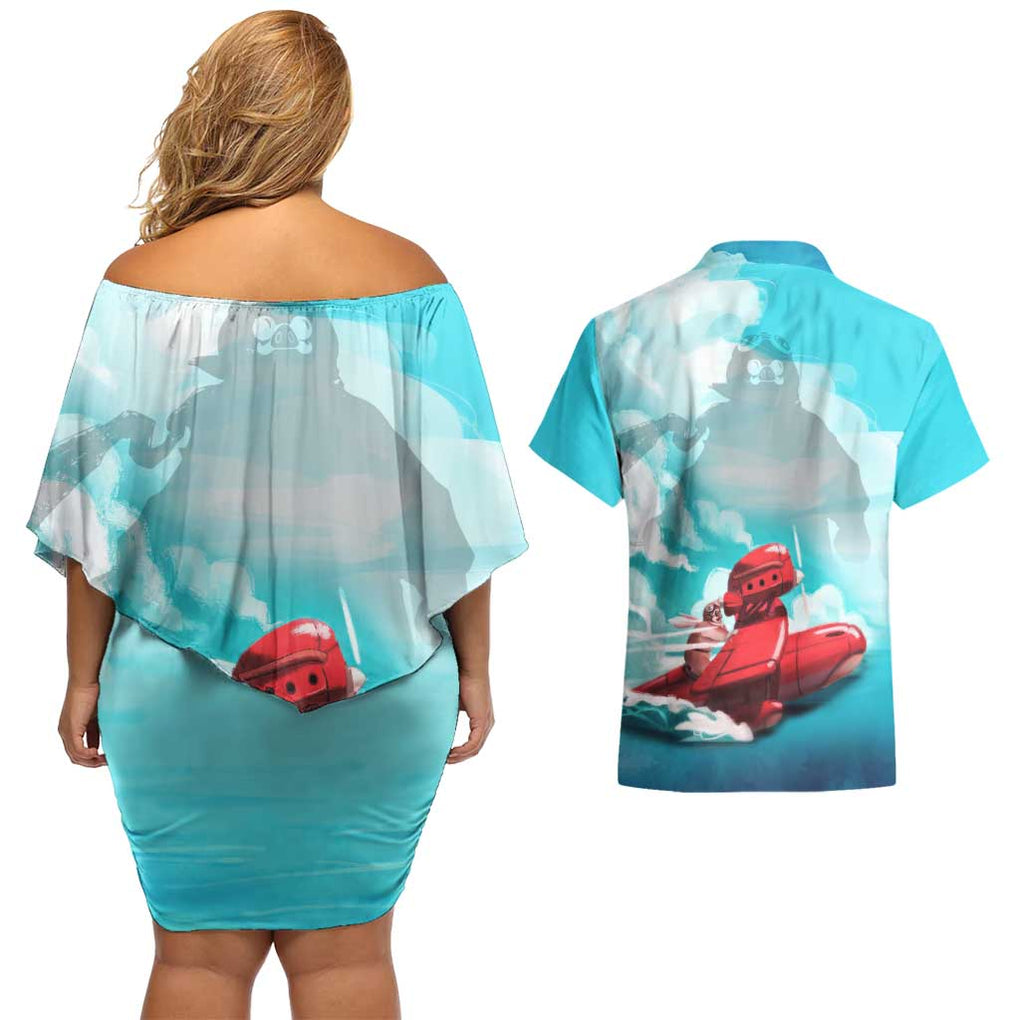 Trippy Porco Rosso Studio Couples Matching Off Shoulder Short Dress and Hawaiian Shirt Anime Style