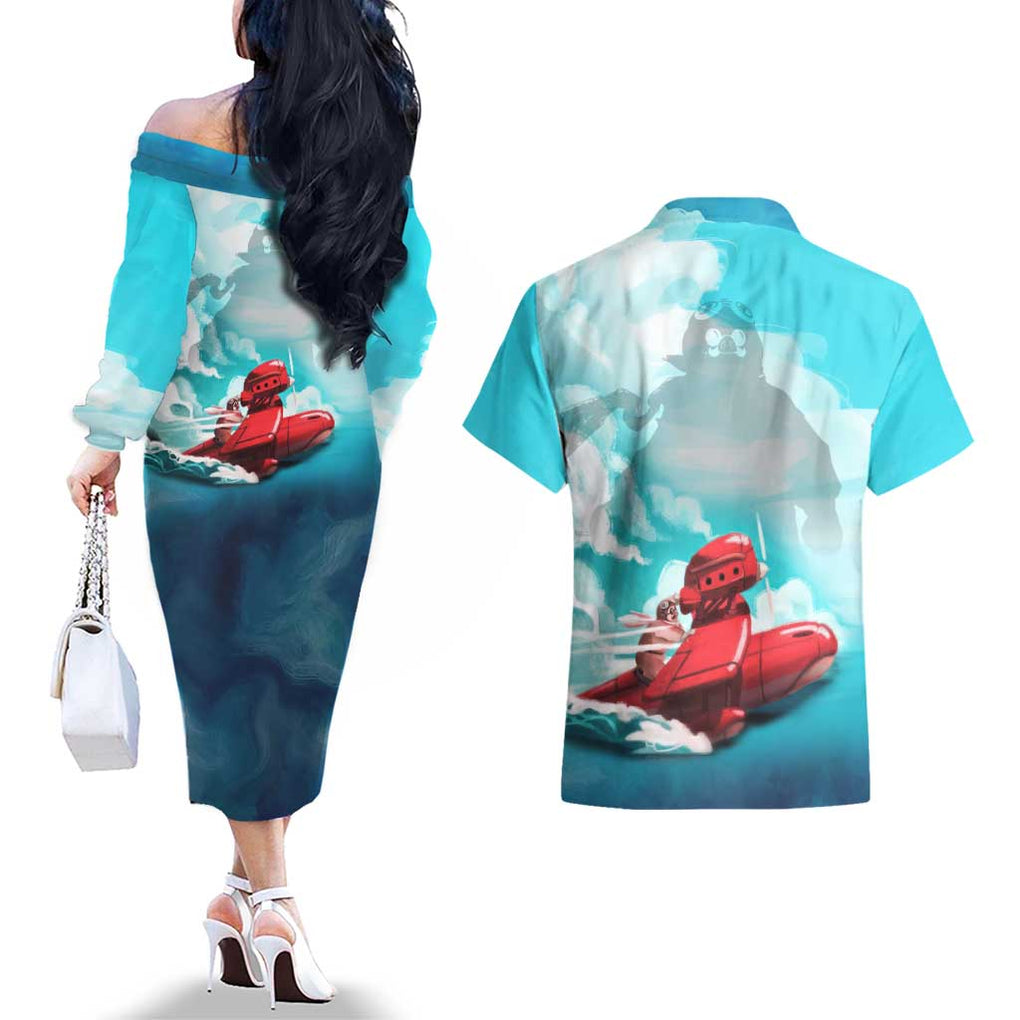 Trippy Porco Rosso Studio Couples Matching Off The Shoulder Long Sleeve Dress and Hawaiian Shirt Anime Style