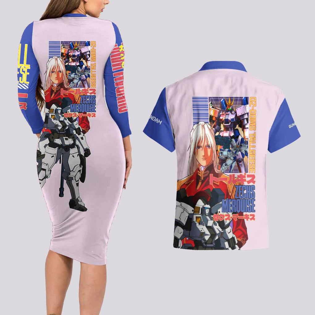 Tallgeese x Zechs Merquise Gundam Wing Couples Matching Long Sleeve Bodycon Dress and Hawaiian Shirt Anime Style