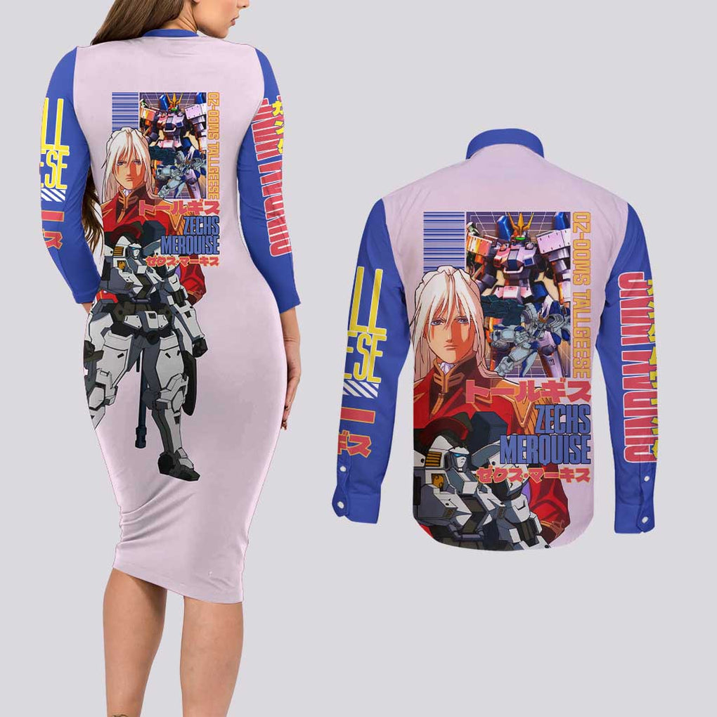 Tallgeese x Zechs Merquise Gundam Wing Couples Matching Long Sleeve Bodycon Dress and Long Sleeve Button Shirt Anime Style