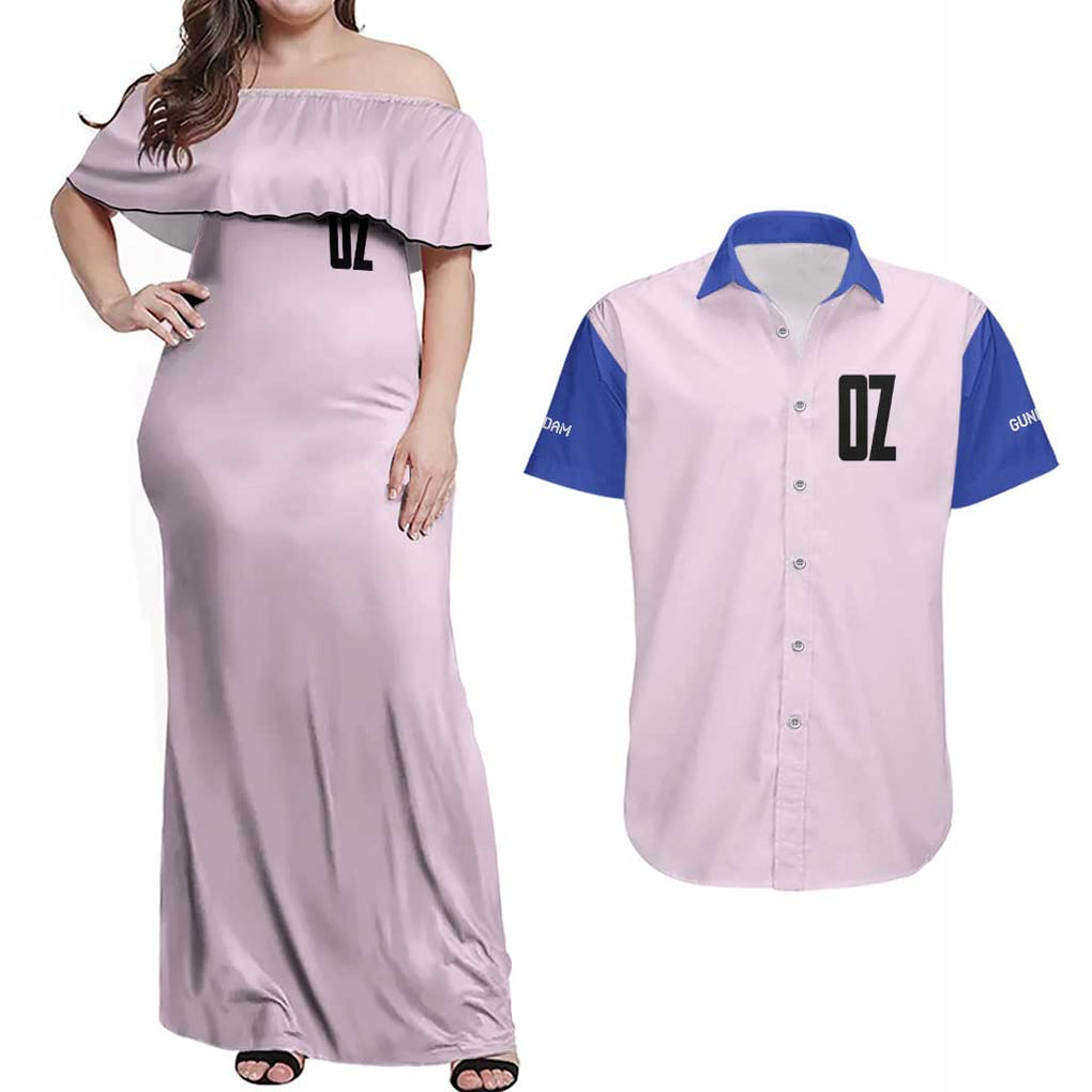 Tallgeese x Zechs Merquise Gundam Wing Couples Matching Off Shoulder Maxi Dress and Hawaiian Shirt Anime Style