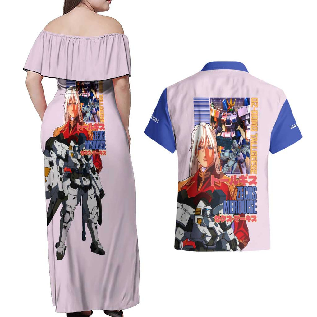 Tallgeese x Zechs Merquise Gundam Wing Couples Matching Off Shoulder Maxi Dress and Hawaiian Shirt Anime Style