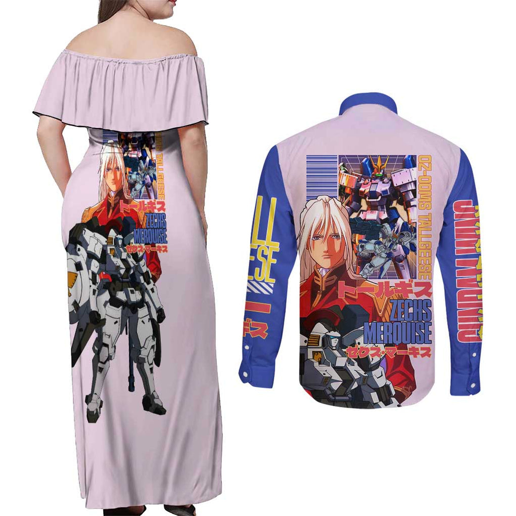 Tallgeese x Zechs Merquise Gundam Wing Couples Matching Off Shoulder Maxi Dress and Long Sleeve Button Shirt Anime Style