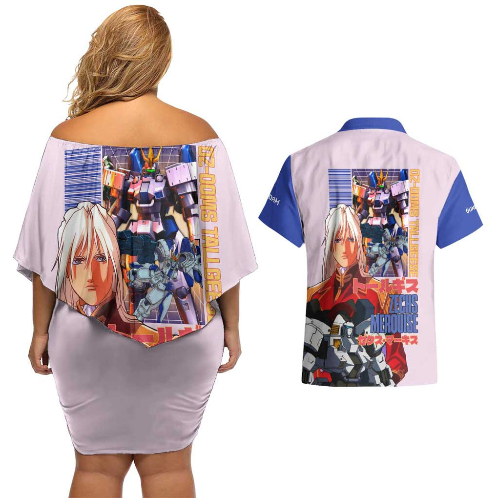 Tallgeese x Zechs Merquise Gundam Wing Couples Matching Off Shoulder Short Dress and Hawaiian Shirt Anime Style