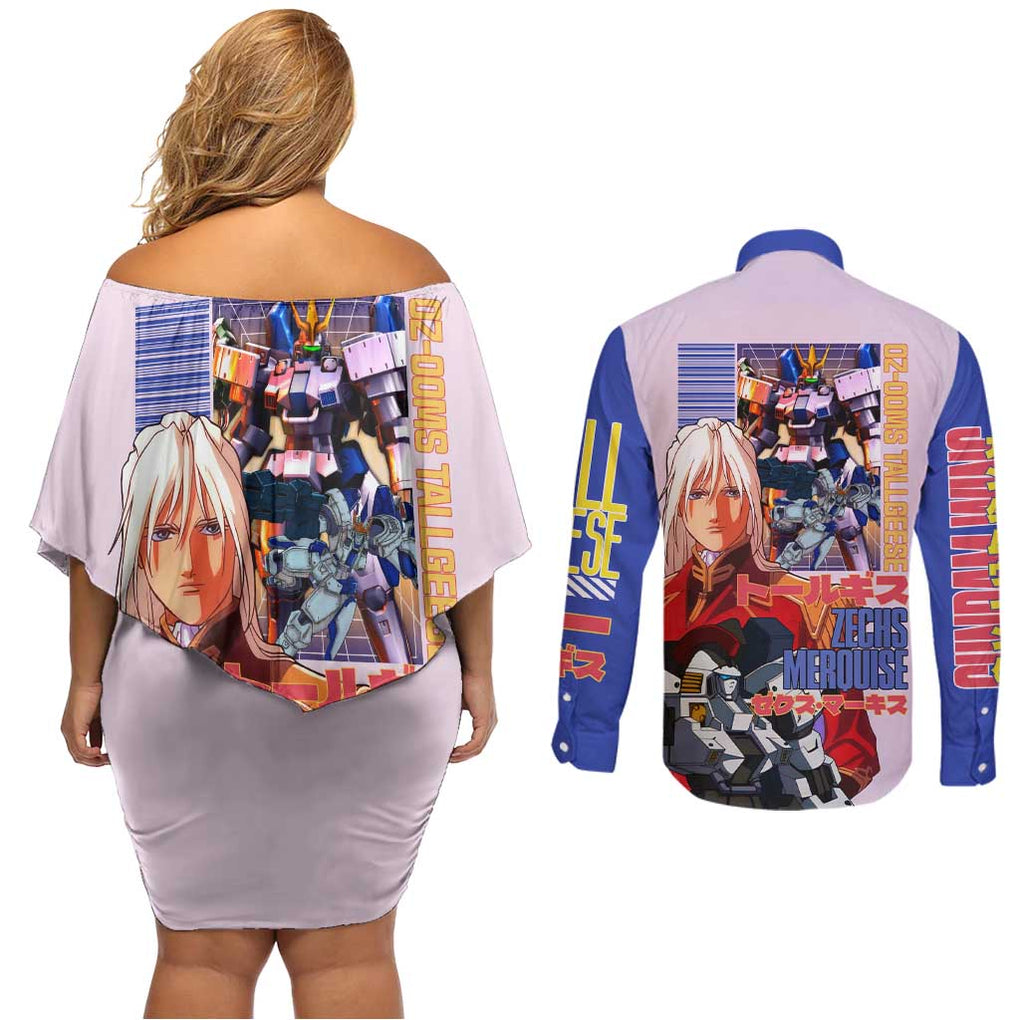Tallgeese x Zechs Merquise Gundam Wing Couples Matching Off Shoulder Short Dress and Long Sleeve Button Shirt Anime Style