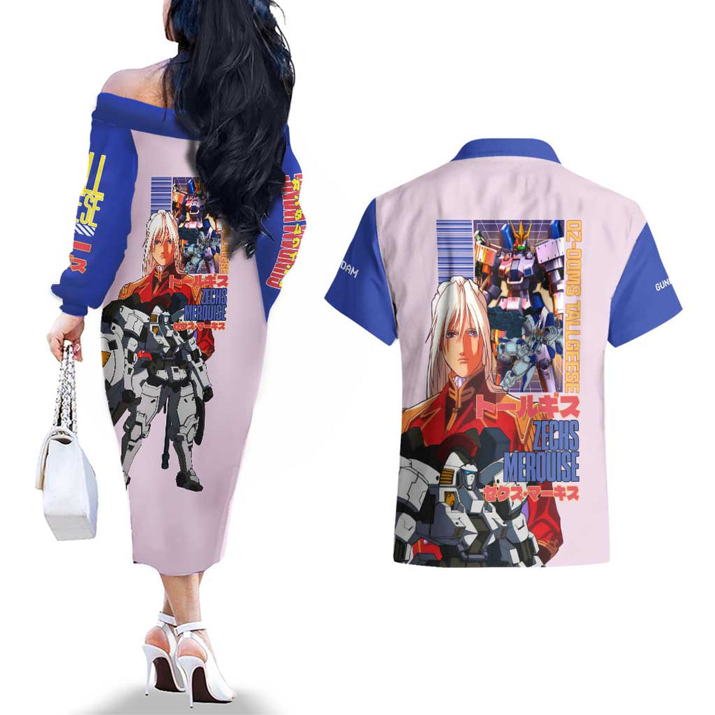 Tallgeese x Zechs Merquise Gundam Wing Couples Matching Off The Shoulder Long Sleeve Dress and Hawaiian Shirt Anime Style