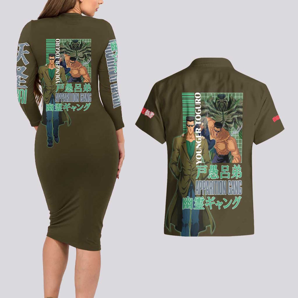 Younger Toguro Yuyu Hakusho Couples Matching Long Sleeve Bodycon Dress and Hawaiian Shirt Anime Style