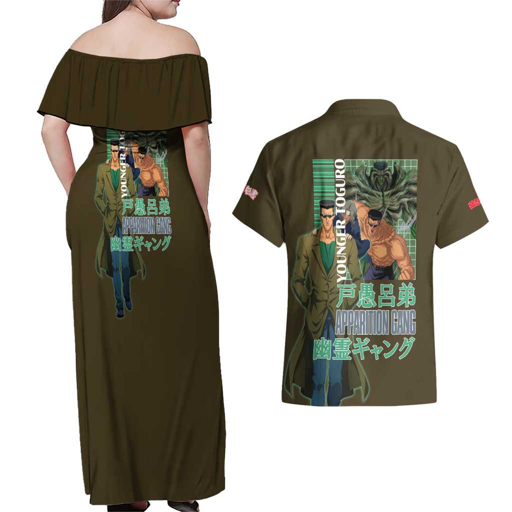 Younger Toguro Yuyu Hakusho Couples Matching Off Shoulder Maxi Dress and Hawaiian Shirt Anime Style
