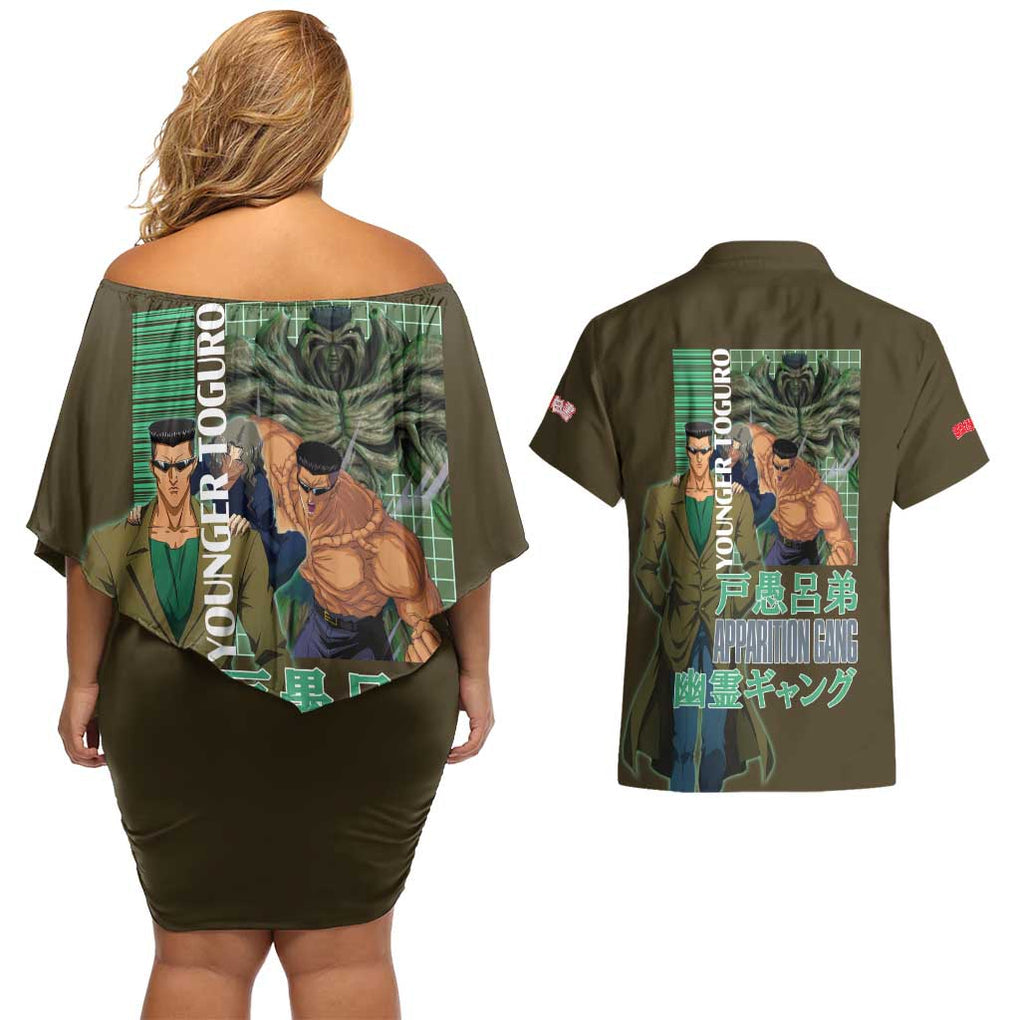 Younger Toguro Yuyu Hakusho Couples Matching Off Shoulder Short Dress and Hawaiian Shirt Anime Style