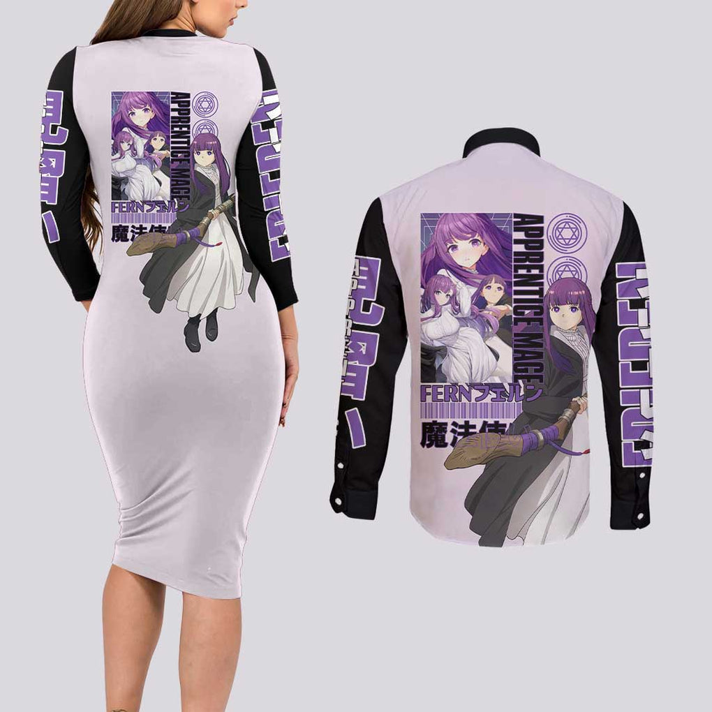 Fern V2 Frieren Beyond Journey’s End Couples Matching Long Sleeve Bodycon Dress and Long Sleeve Button Shirt Anime Style