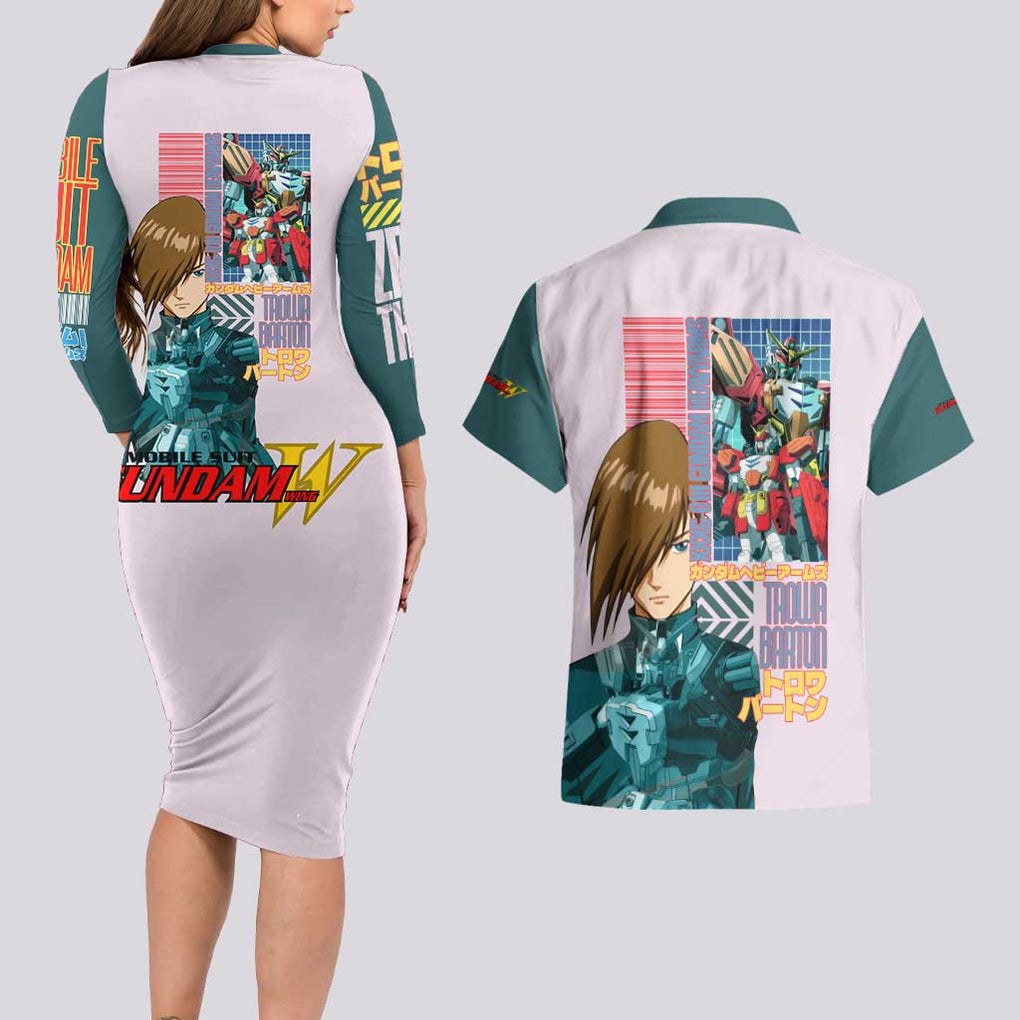 Heavyarms x Trowa Barton Gundam Wing Endless Waltz Couples Matching Long Sleeve Bodycon Dress and Hawaiian Shirt Anime Style