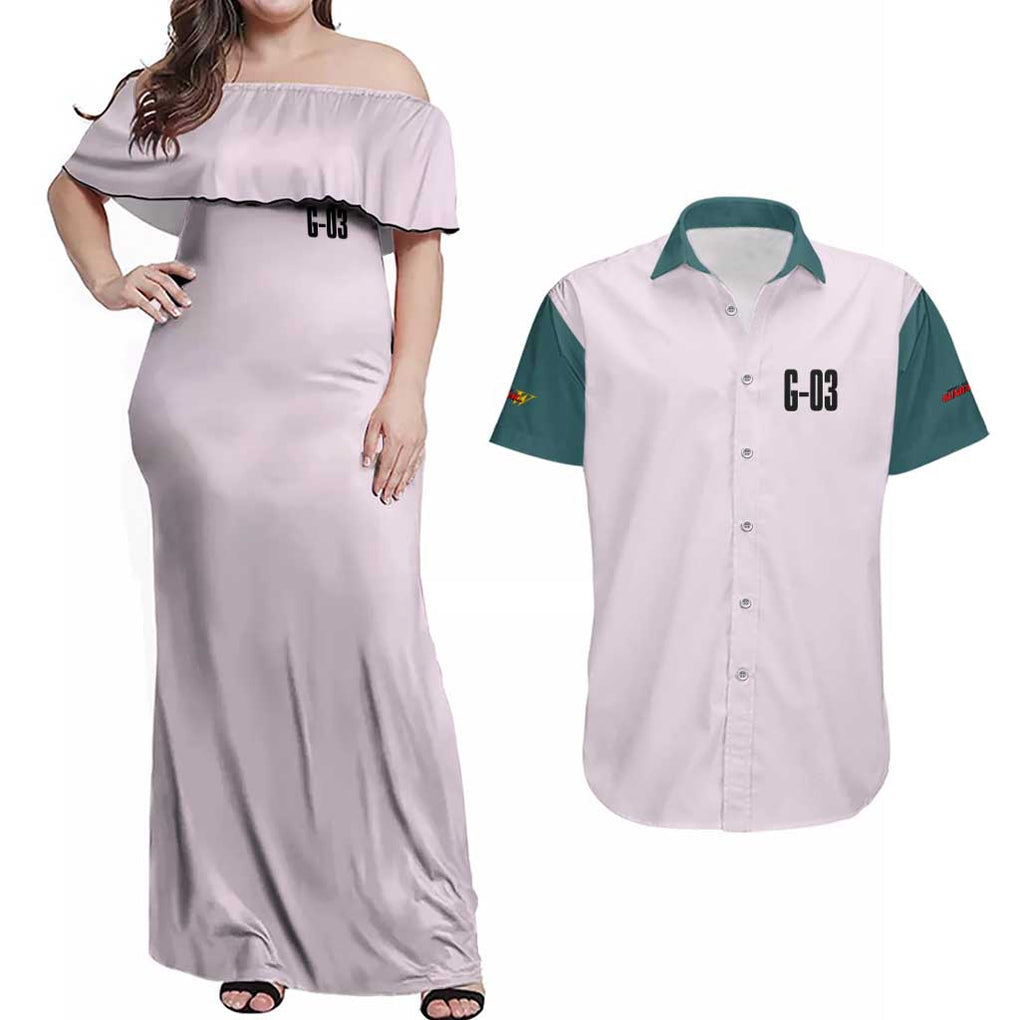 Heavyarms x Trowa Barton Gundam Wing Endless Waltz Couples Matching Off Shoulder Maxi Dress and Hawaiian Shirt Anime Style