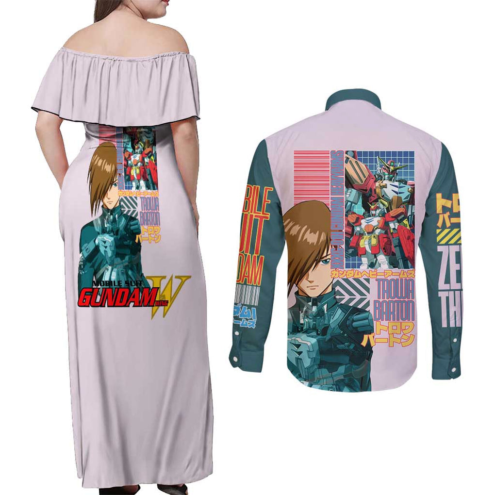 Heavyarms x Trowa Barton Gundam Wing Endless Waltz Couples Matching Off Shoulder Maxi Dress and Long Sleeve Button Shirt Anime Style