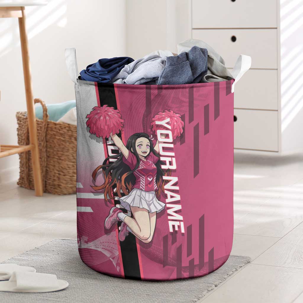 Personalized Nezuko Kamado Demon Slayer Badminton Cheerleader Laundry Basket with Pom Poms and Pink White Graphic Design - The Mazicc