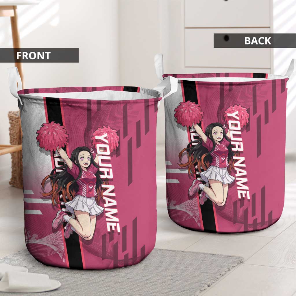 Personalized Nezuko Kamado Demon Slayer Badminton Cheerleader Laundry Basket with Pom Poms and Pink White Graphic Design - The Mazicc