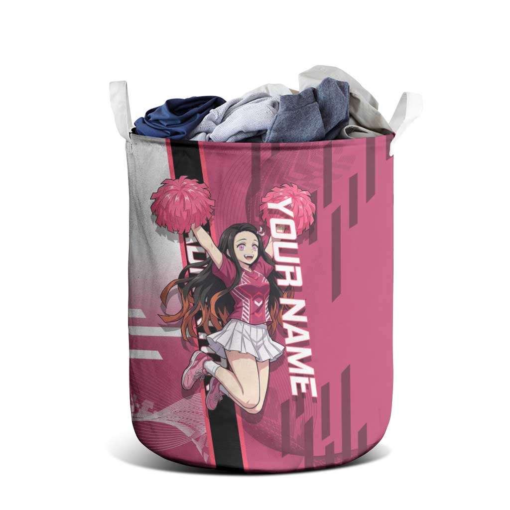 Personalized Nezuko Kamado Demon Slayer Badminton Cheerleader Laundry Basket with Pom Poms and Pink White Graphic Design - The Mazicc