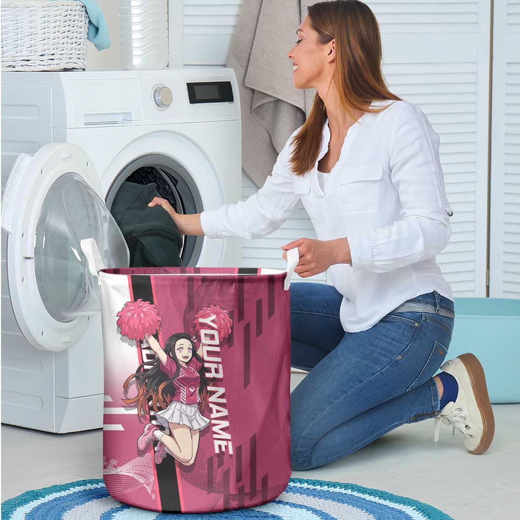 Personalized Nezuko Kamado Demon Slayer Badminton Cheerleader Laundry Basket with Pom Poms and Pink White Graphic Design - The Mazicc