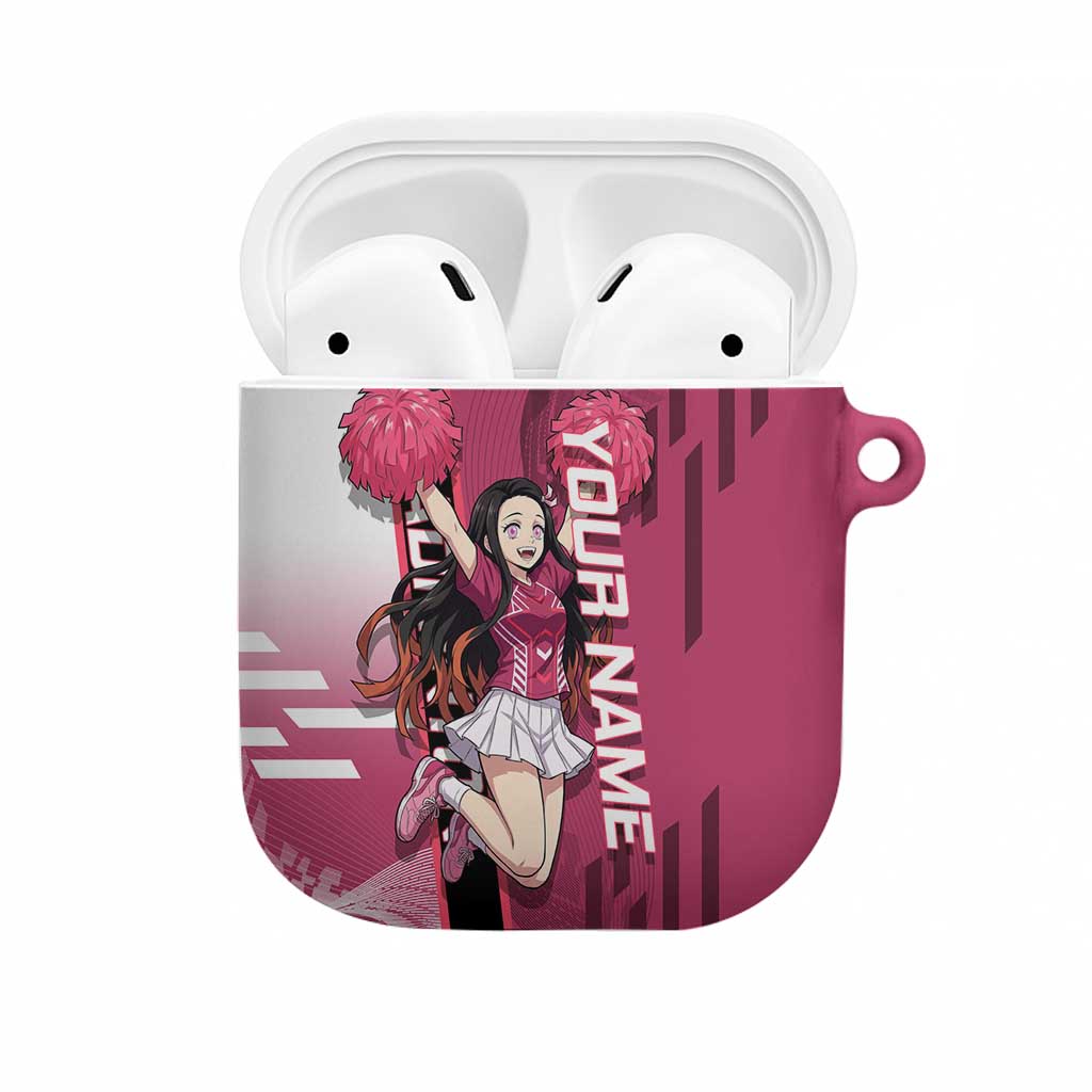 Personalized Nezuko Kamado Demon Slayer Badminton Cheerleader AirPods Case with Pom Poms and Pink White Graphic Design - The Mazicc