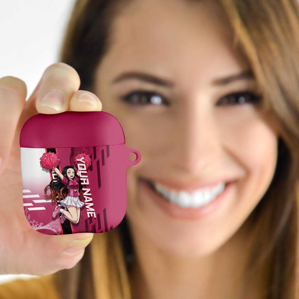 Personalized Nezuko Kamado Demon Slayer Badminton Cheerleader AirPods Case with Pom Poms and Pink White Graphic Design - The Mazicc