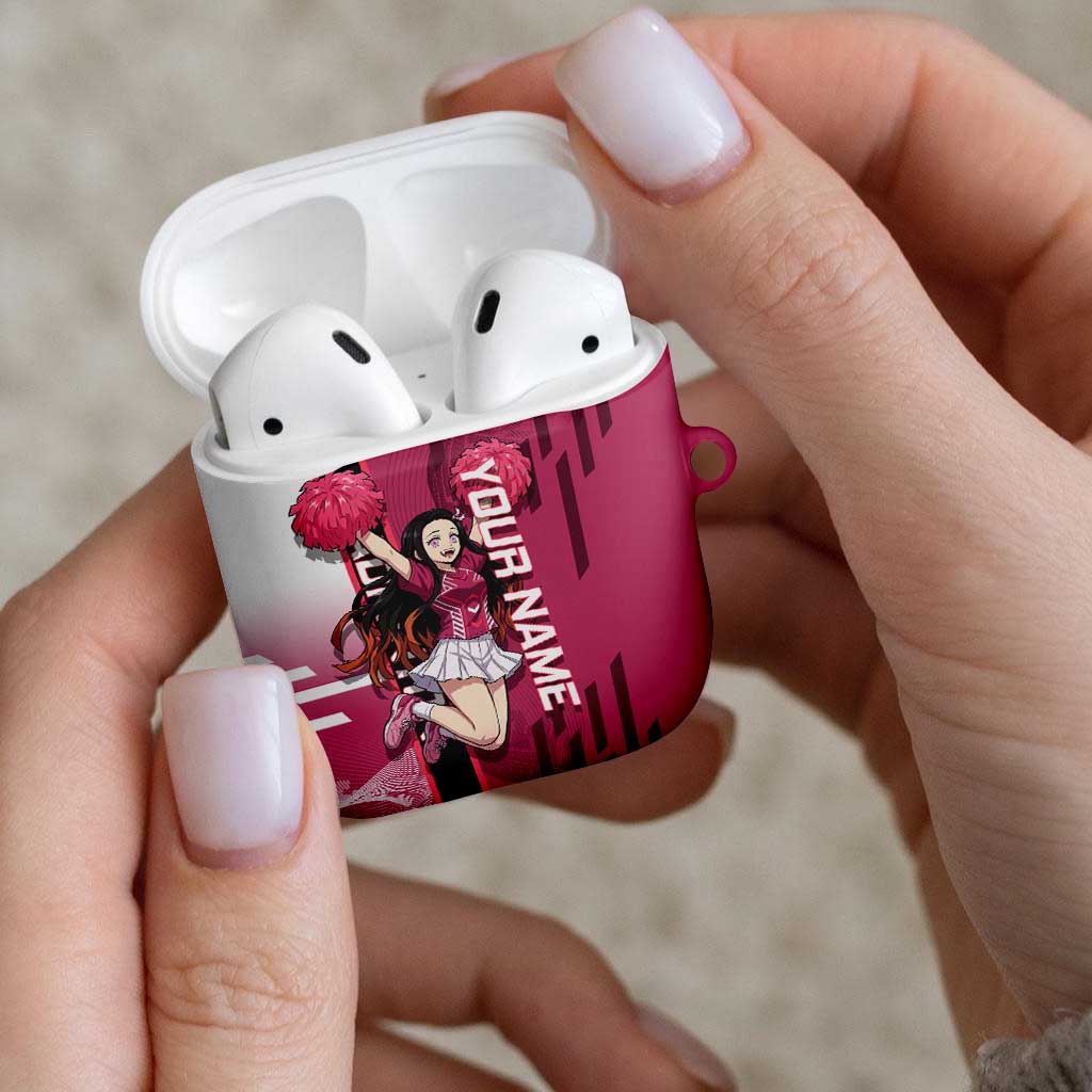 Personalized Nezuko Kamado Demon Slayer Badminton Cheerleader AirPods Case with Pom Poms and Pink White Graphic Design - The Mazicc