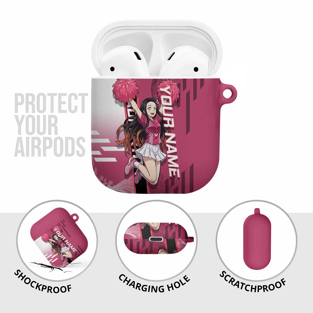 Personalized Nezuko Kamado Demon Slayer Badminton Cheerleader AirPods Case with Pom Poms and Pink White Graphic Design - The Mazicc