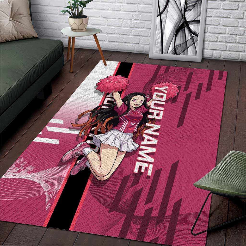 Personalized Nezuko Kamado Demon Slayer Badminton Cheerleader Area Rug with Pom Poms and Pink White Graphic Design - The Mazicc