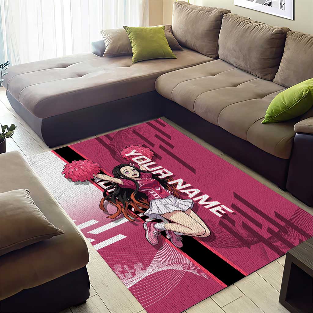 Personalized Nezuko Kamado Demon Slayer Badminton Cheerleader Area Rug with Pom Poms and Pink White Graphic Design - The Mazicc