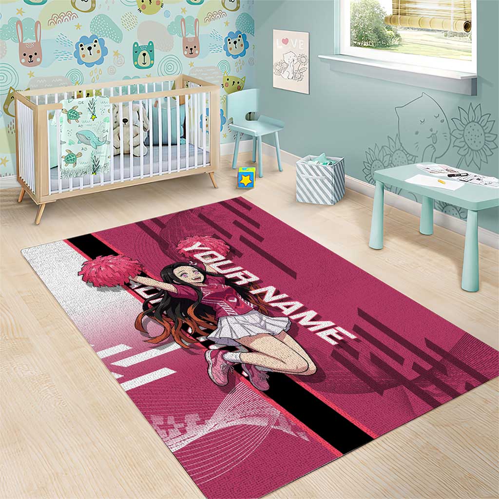Personalized Nezuko Kamado Demon Slayer Badminton Cheerleader Area Rug with Pom Poms and Pink White Graphic Design - The Mazicc